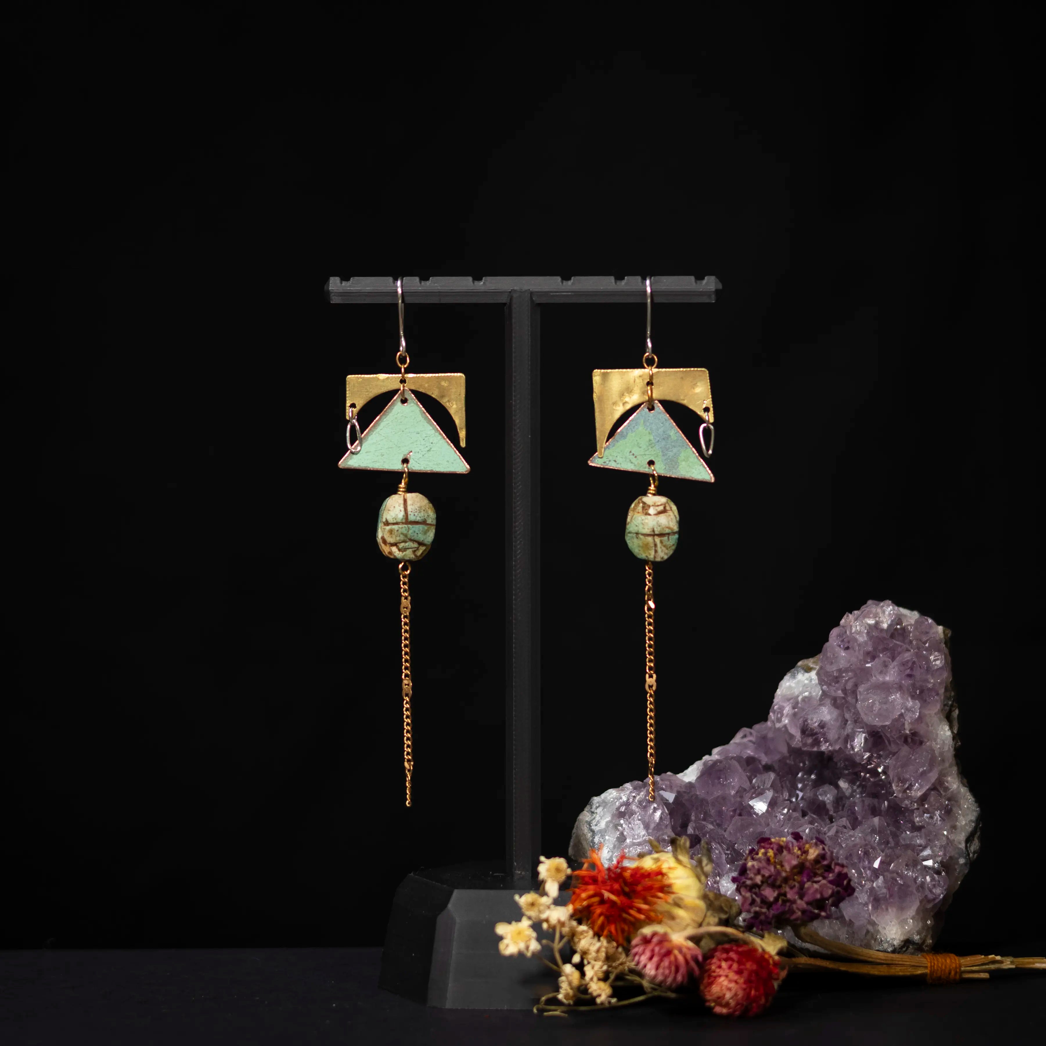 You'll Like Tacoma- Brass Cutouts, Copper Triangles, & Green Scarab Bead Earrings