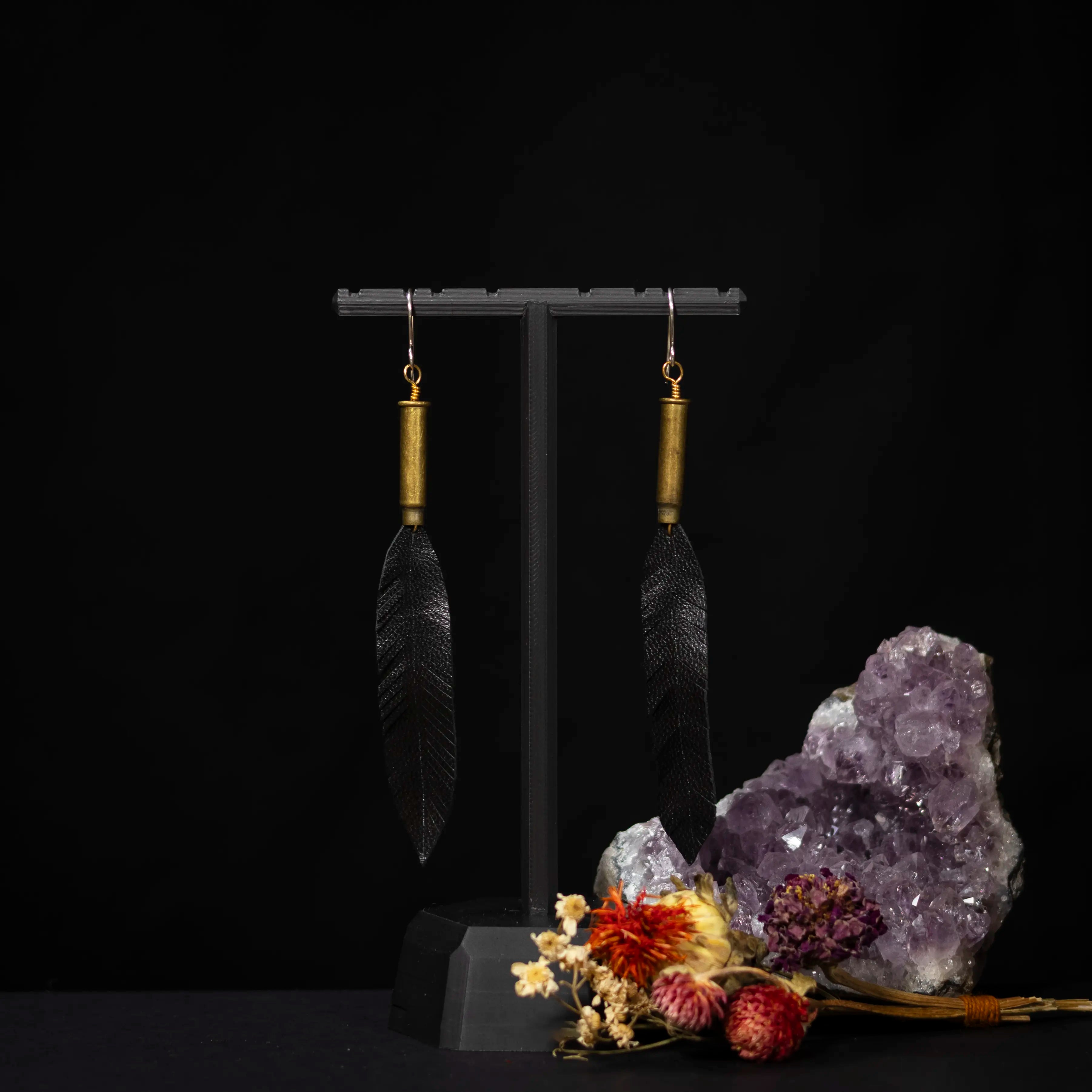 Birds of a Feather - Little Skinny Black Leather Feather Earrings
