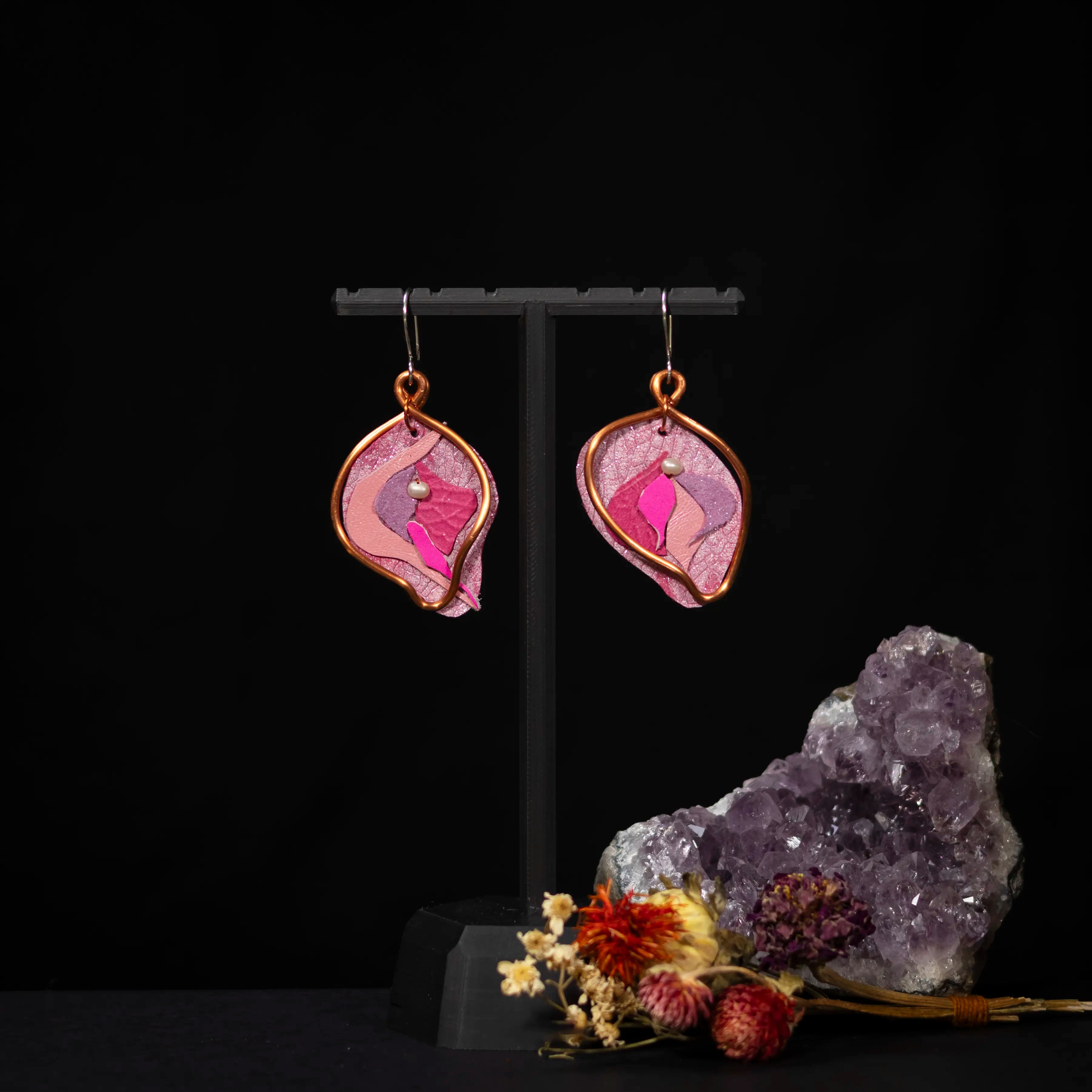 Viva La Vulva - Medium Sparkly Pink Leather Earrings