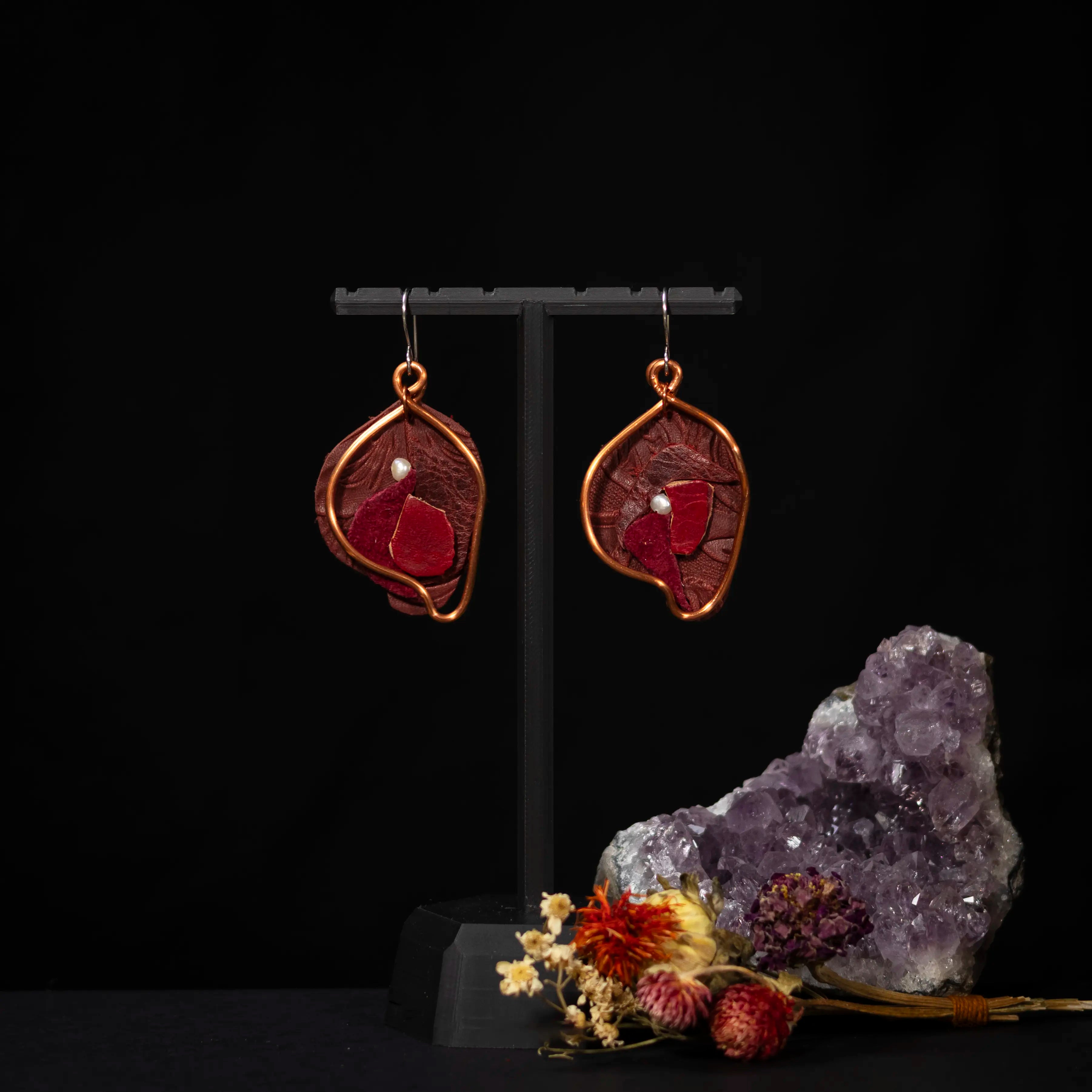 Viva La Vulva - Medium Textured Burnt Red Leather Earrings