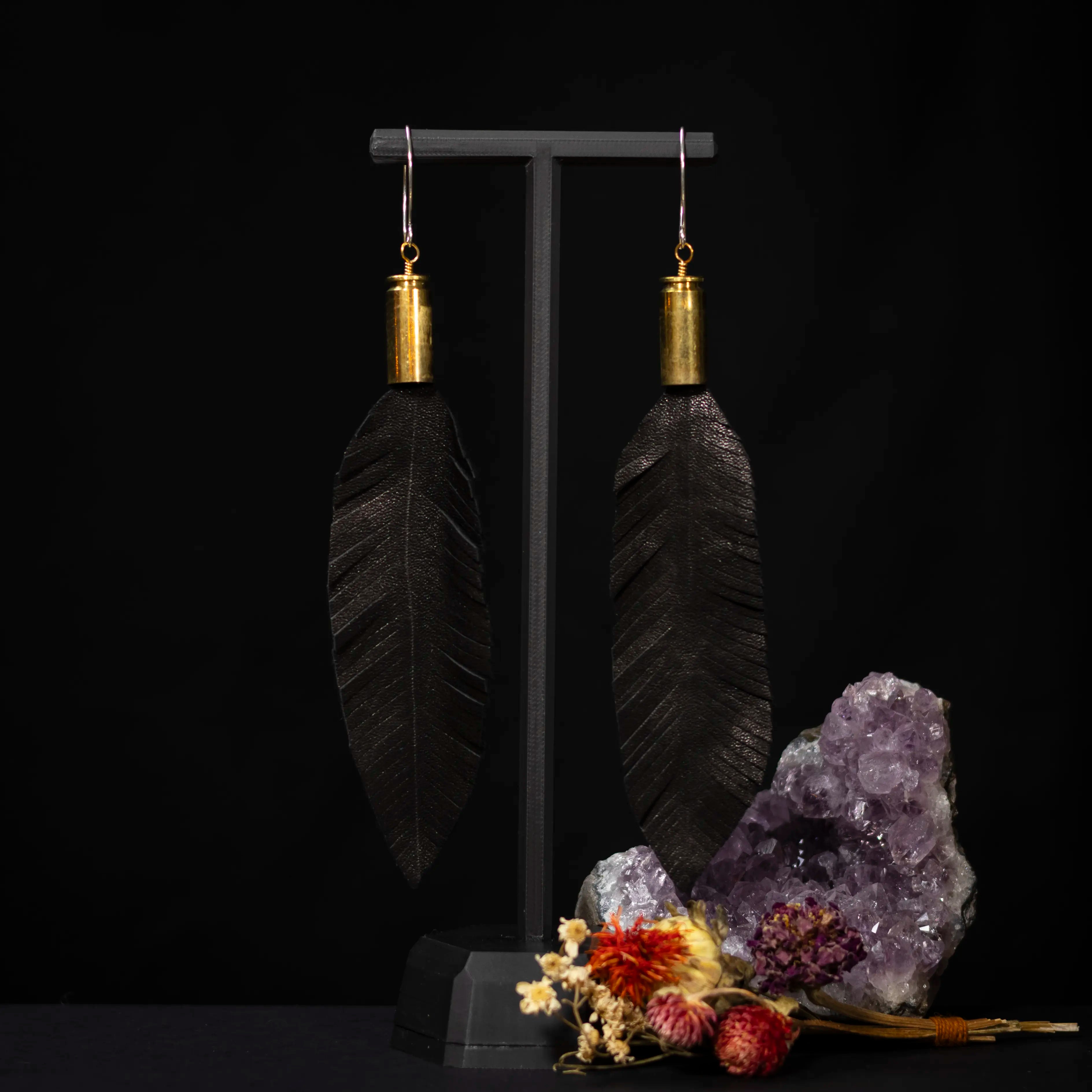 Birds of a Feather - Long Black Leather Feather Earrings