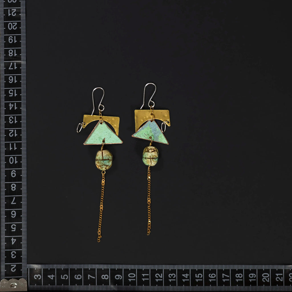 You'll Like Tacoma- Brass Cutouts, Copper Triangles, & Green Scarab Bead Earrings