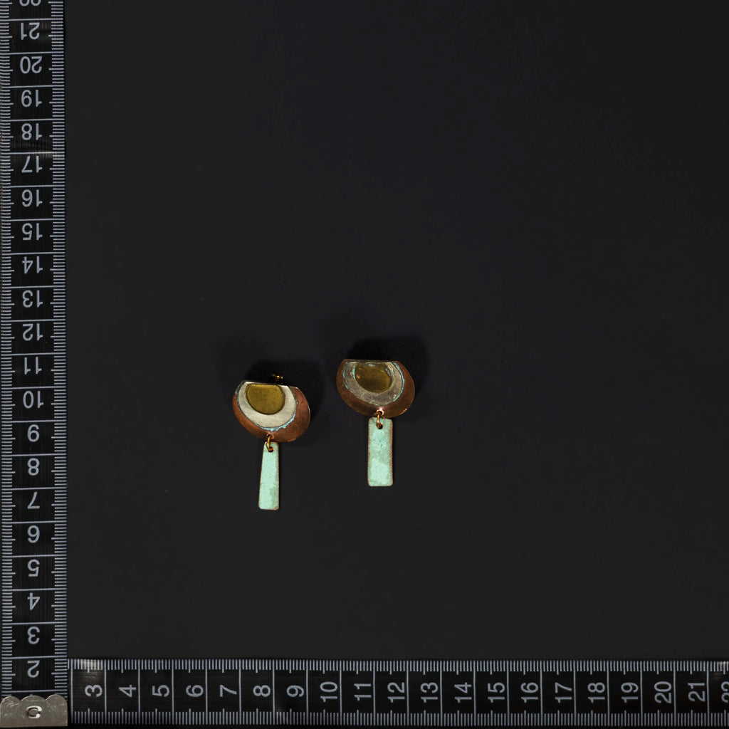 You'll Like Tacoma - Three Metal Moons with Skinny Copper Rectangle Dangle Stud Earrings