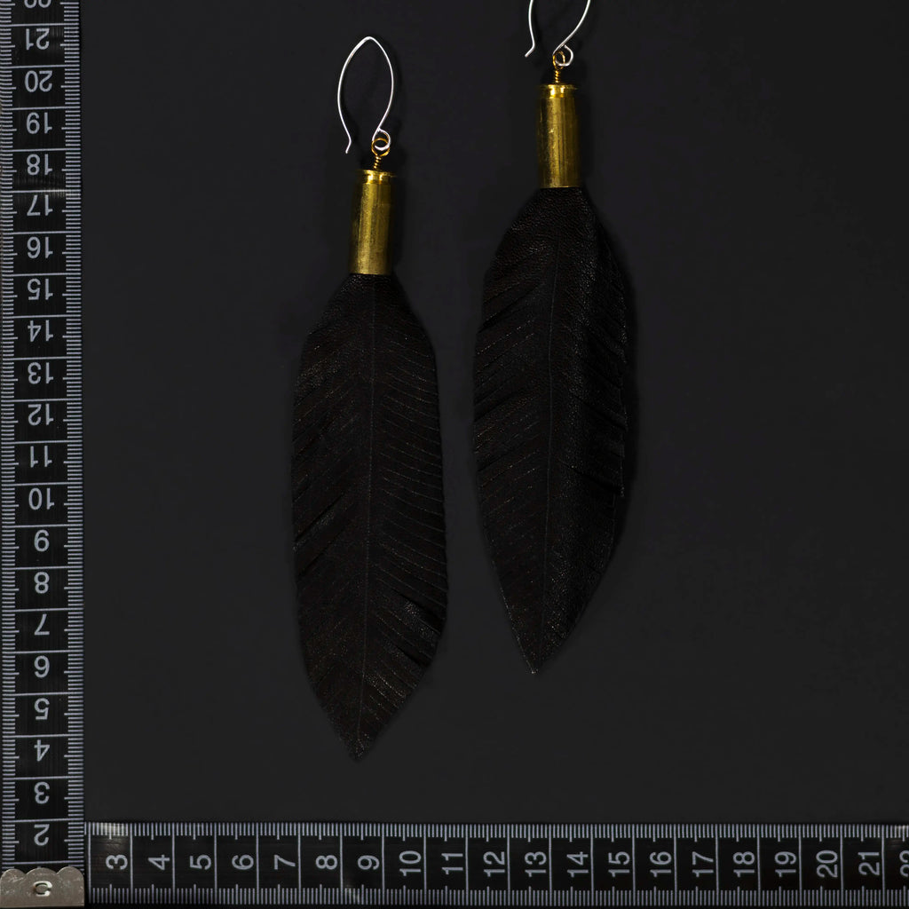 Birds of a Feather - Long Black Leather Feather Earrings