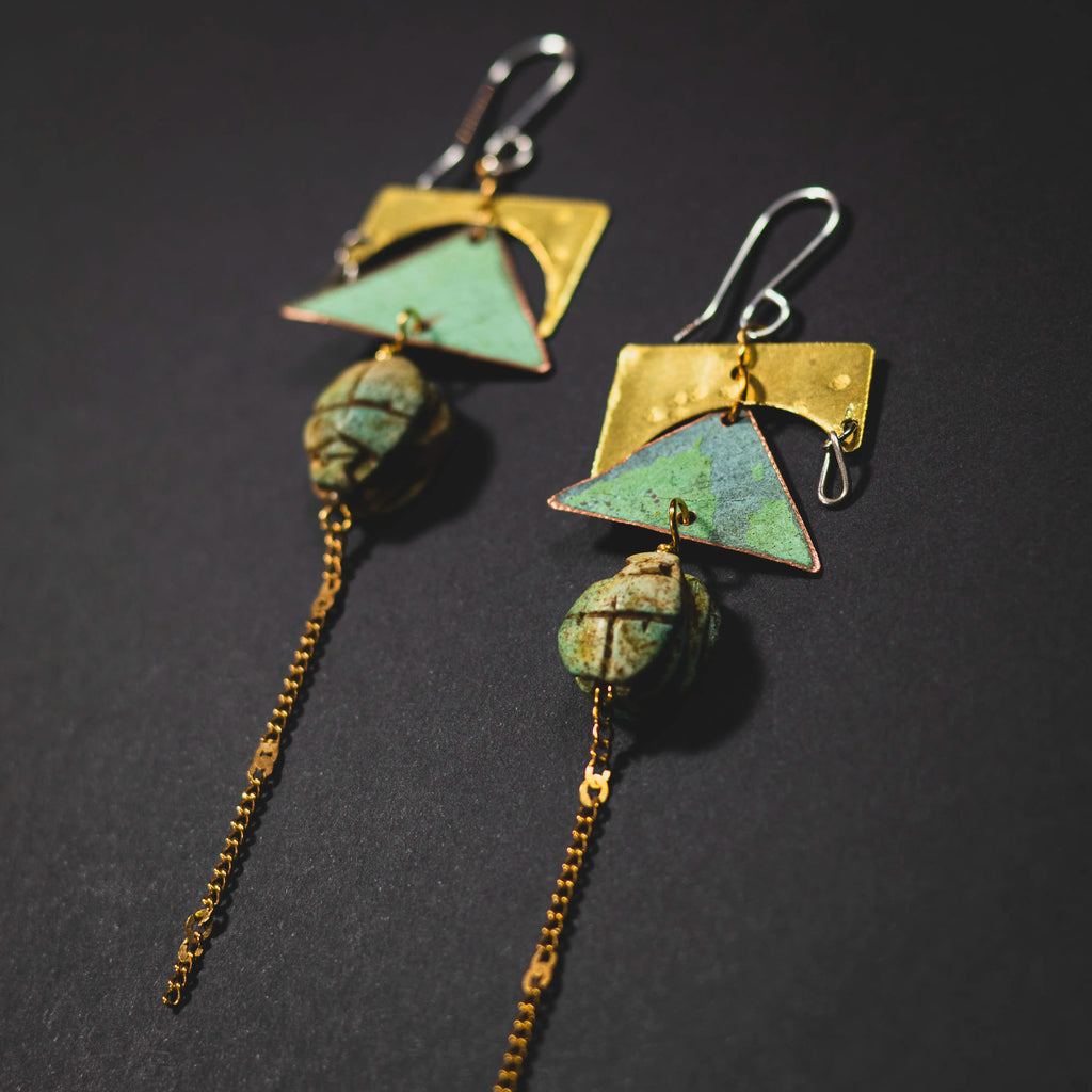 You'll Like Tacoma- Brass Cutouts, Copper Triangles, & Green Scarab Bead Earrings