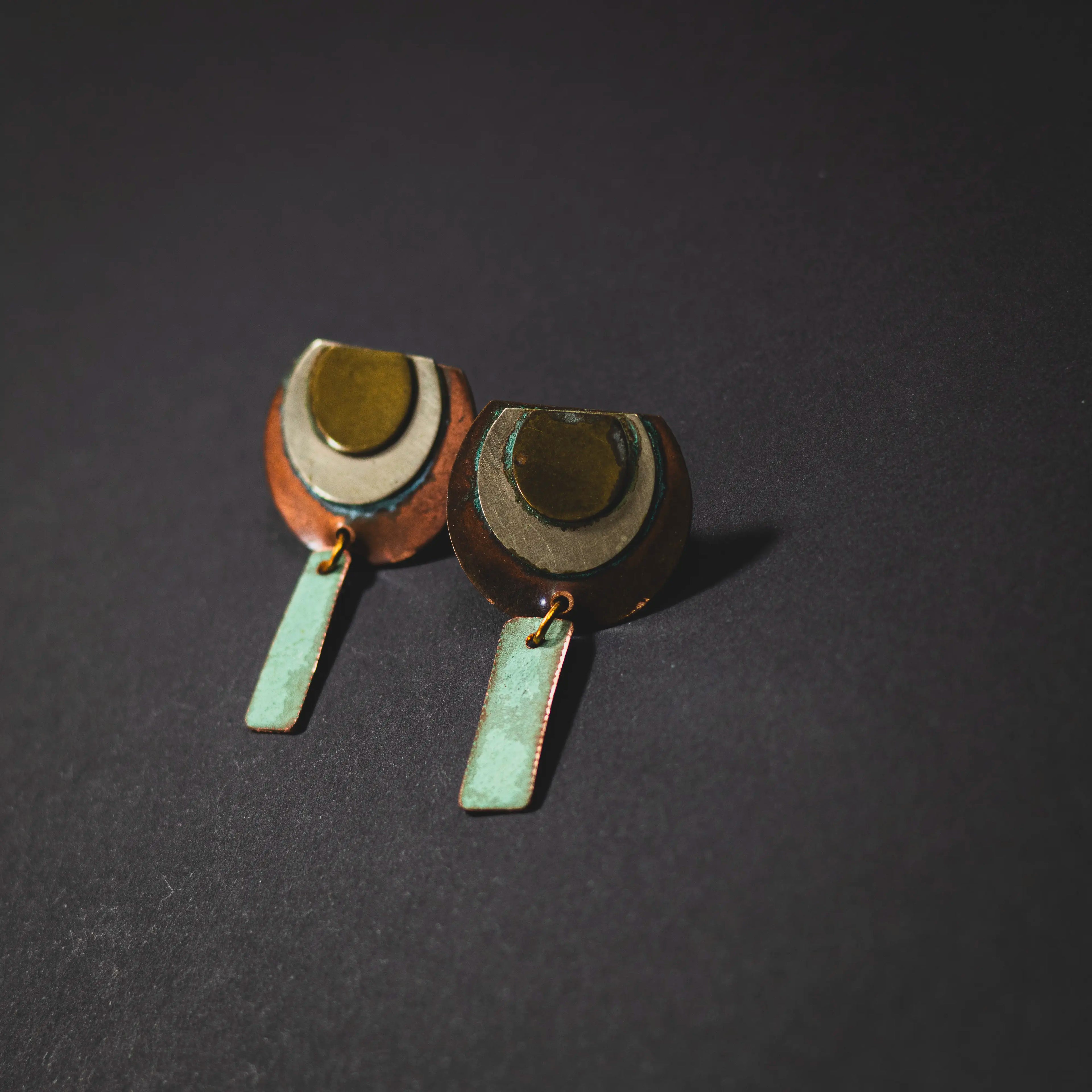 You'll Like Tacoma - Three Metal Moons with Skinny Copper Rectangle Dangle Stud Earrings