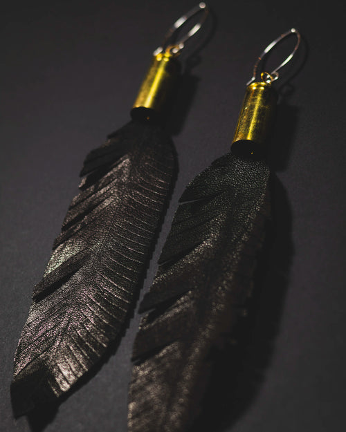 Birds of a Feather - Long Black Leather Feather Earrings